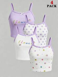 1 Set 4-Piece Sweet Flower Young Girl Casual Vest Set,Fresh Floral & Letter Print White Summer Bridal Wedding,Lightweight Smooth Slim Spaghetti Strap - Multicolor - View 4