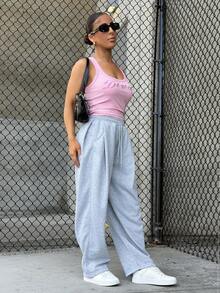 SAYEHFBABY Women's Loose Pleated Solid Color Casual Sports Pants, Spring Fall Sweatpants - Grey - View 4
