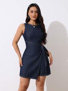 SHEIN Tall Bộ áo liền quần denim không tay cổ tròn thắt eo dành cho nữ, trang phục thường ngày thoải mái đi biển và nghỉ mát thanh lịch cho nữ. Bộ áo liền quần denim không tay thắt eo kiểu quấn dành cho nữ mùa hè, trang phục thường ngày thoải mái đi nghỉ mát. - Rửa tối - Xem 9