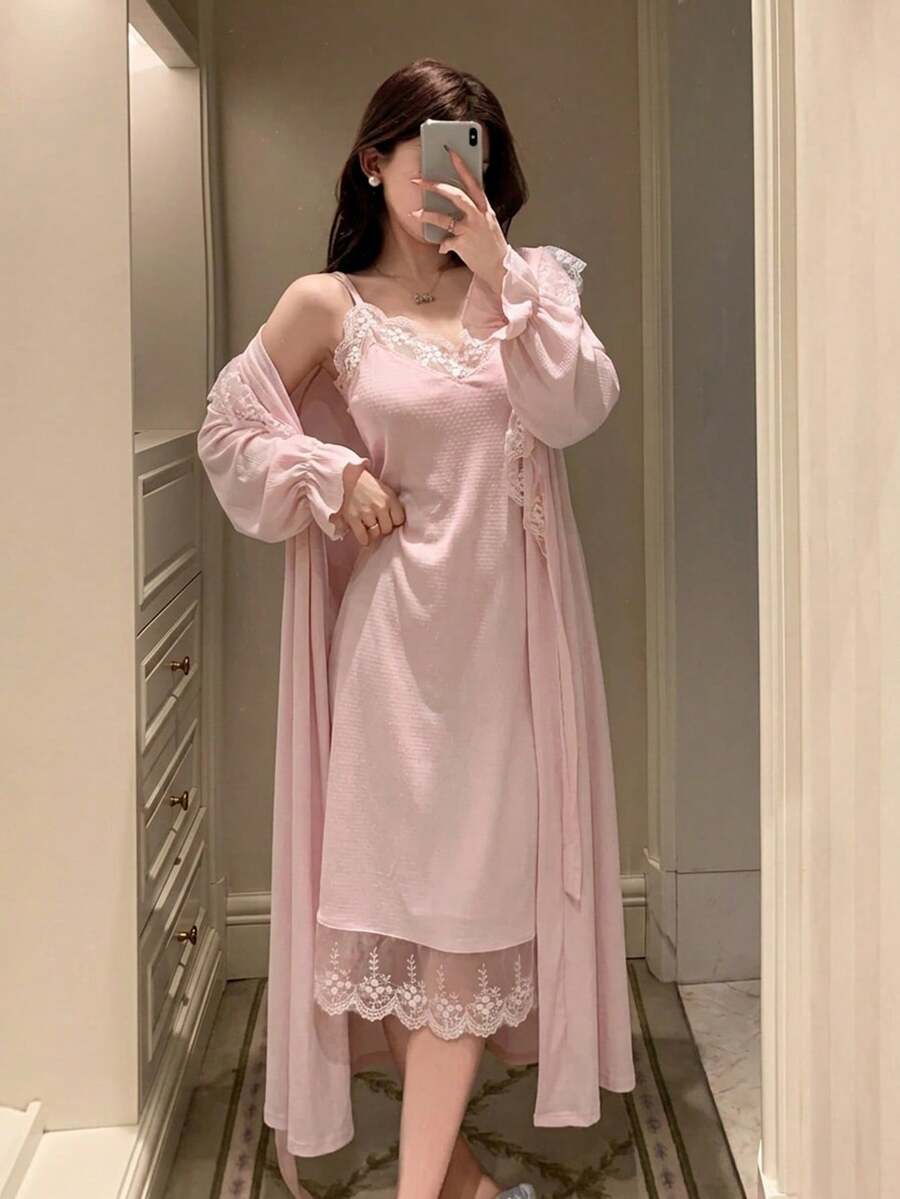 DAZY 女士蕾丝拼接长款睡裙吊带睡衣套装，秋冬款 - 粉色 - 查看 1