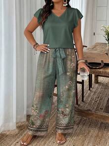 Lounesse Plus Size Casual Solid Color Top And Floral Print Pants 2-Piece Set - Multicolor - View 7