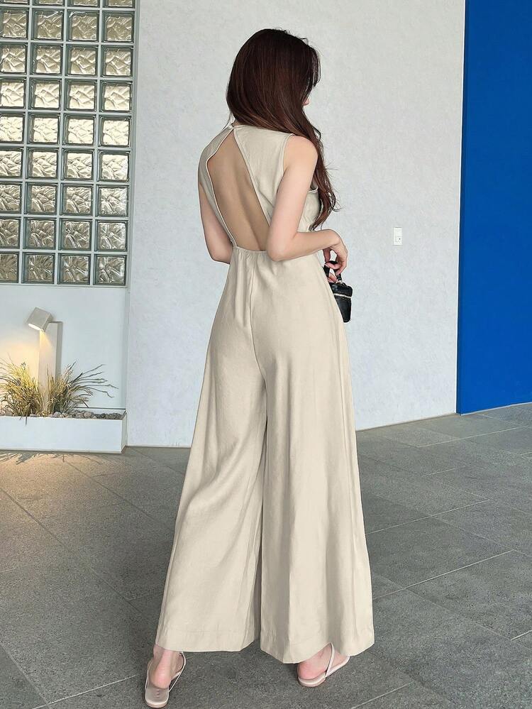 Business Casual Solid Color Sleeveless Backless Wide Leg Jumpsuit Women Jumpsuit Lounge Sets For Women