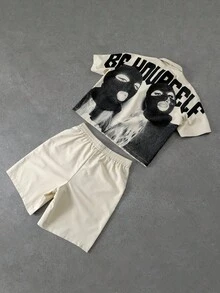 PAVTROS Bộ 2 món áo sơ mi ngắn tay và quần short nam in hình khẩu hiệu, chất liệu dệt kim, áo crop top và quần short cạp chun, phong cách đường phố, trượt ván, retro thập niên 90, kiểu poster, phù hợp cho dạo phố, quán bar, lễ hội âm nhạc, tụ họp đường phố, quà tặng ngày lễ. - Màu Khaki - Xem 2