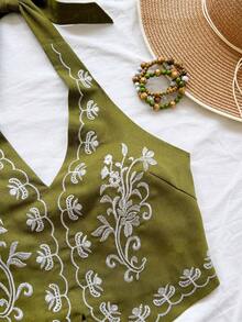 Soleia 花卉刺繡掛脖露背蝴蝶結短版上衣，適合音樂祭，夏季上衣 - 綠色 - 查看 5