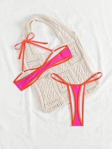 Swim SXY 女款對比色滾邊細肩帶可拆式掛脖丁字褲比基尼兩件式泳衣套裝 - 彩色 - 查看 2
