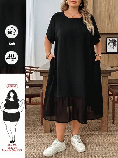 SHEIN CURVE+ Plus-Size Women's Spring/Summer Fashion Casual Loose Comfortable Everyday Basic Versatile Slimming Black Short-Sleeved Chiffon Patchwork Mid-Length Dress,Summer Outfits,Pocket Dress,Simple Style