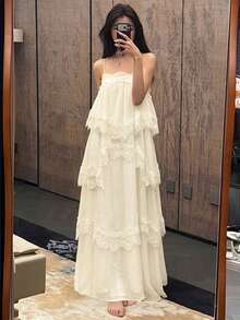 Lumalex 新款春夏雪纺撞色蕾丝可调节吊带长裙 - 杏色 - 查看 5