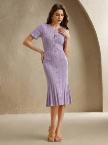 Anewsta Purple Autumn Elegant Tea Party Dress For Women,Knitted Cable Knit Buttoned Mermaid Hem Frill Trim Perforated Twist Rope Aran Solid Long Sleeve Dress - Mauve Purple - View 3
