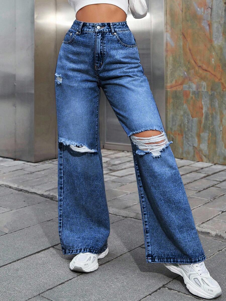 SHEIN ICON 大码女式休闲破洞牛仔裤 - 深色水洗藍 - 查看 1