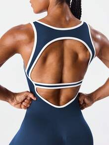 Seamluxe SHEIN Sport Bộ áo liền quần không đường may hở lưng dành cho nữ - Màu xanh hải quân - Xem 4