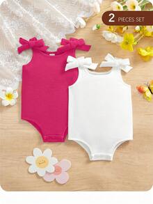 2pcs/Set Cute Summer Knitted Solid Color Bow Romper For Baby Girl - Hot Pink - View 6