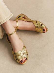 Rosivie Sandal đế bằng nữ dệt rỗng khóa cài màu vàng kim, kiểu dáng La Mã đa năng, thích hợp cho mùa hè, đi làm, hẹn hò, đi biển. - Màu vàng - Xem 6