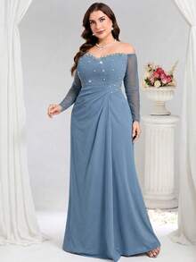 Coutiva Plus Size Beaded Off Shoulder Formal Evening Gown - Baby Blue - View 8