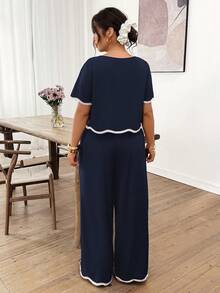 Lounesse Plus Size Casual Vacation Woven Trim Top And Pants 2 Pieces Set - Navy Blue - View 2