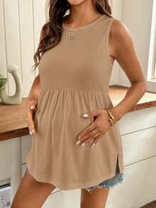 SHEIN Maternity Solid Color Round Neck Ruffle Hem Casual Maternity Tank Top Photoshoot Summer - Khaki - View 5