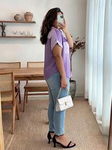 Enliva Jennifer_samantha_style Women Plus Size Color-Block Short Sleeve Simple Daily Shirt, Summer, For Apple Rounded Body Shape - Purple - View 2