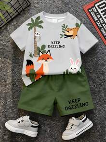 Baby Boy Army Green T-Shirt Set,Summer Casual Cute Beach Outfit,""KEEP DAZZLING"" Cute Slogan,Fox,Sloth,Squirrel,Raccoon Animal Graphic Print Set - Multicolor - View 3