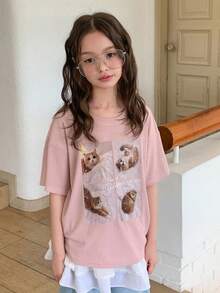 Dazy Kids 少女猫咪印花圆领休闲短袖T恤 - 粉色 - 查看 2