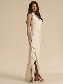 SHEIN BAE Spring & Summer Bridesmaid Dress, Deep V-Neck Halter Ruffle High Slit Ruffled Wrap Long Red For Women, Elegant Maxi - Apricot - View 5