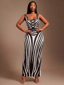 SHEIN SXY Elegant Plus Size White Long Zebra Pattern Bodycon Dress With Open Back Detail Vacation Summer Party - Black and White - View 2
