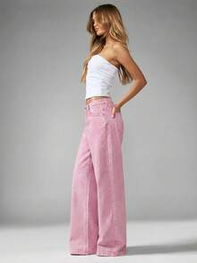 SHEIN PETITE Quần jeans nữ cạp cao, ống rộng màu hồng nhạt, thích hợp cho trang phục thường ngày mùa hè. Quần jeans nữ dáng rộng, có túi, ống loe, thích hợp cho trang phục thường ngày. - Hồng - Xem 4