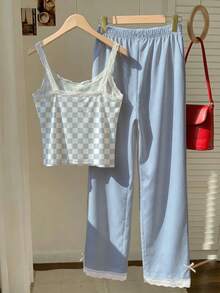 SHEIN EZwear 女士休闲黄色蕾丝边吊带背心和条纹裤两件套，返校季米黄色两件套 - 淺藍色 - 查看 2