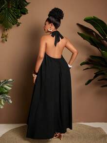 Maweii Plus Size Women's Black Summer Tropical Vacation Dress,Tie-Up Halter Neck Bow Open Back Flared Skirt,Elastic Waist Casual High-End Solid Color Fabric - Black - View 5