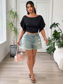 SHEIN EZwear Black Casual Textured Plus Size Fitted Pleated T-Shirt For Women Formal Holiday Summer - Black - View 6