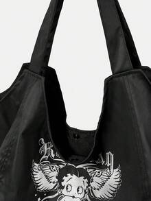 Betty Boop x SHEIN 1pc Large-Capacity Shoulder Handbag With Printed Pattern, Suitable For Camping, Beach, Travel, Shopping, School, Work And Other Occasions. - Pure black - View 5