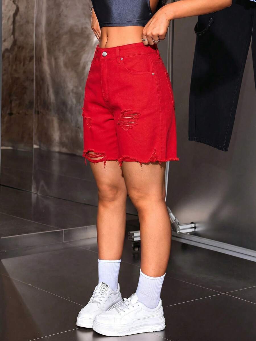 SHEIN Tall 女款時尚百搭破洞毛邊口袋鈕扣牛仔短褲,適合高個女性 - 紅色 - 查看 1