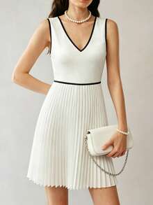 SHEIN Franclia Đầm ngắn dáng chữ A không tay cổ chữ V, thắt eo, kiểu dáng đơn giản Pháp, xếp ly. - trắng - Xem 5
