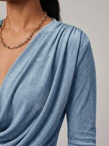 Radiana Vestido sereia verde menta com decote profundo e mangas compridas, elegante e formal, ideal para encontros, reuniões, aniversários, festas, formaturas, banquetes e coquetéis. - Azul - Ver 5