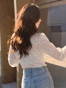 DAZY Button Front Puff Sleeve Lace Blouse Going Out Tops,Fall Women Clothes Long Sleeve Top - Beige - View 5