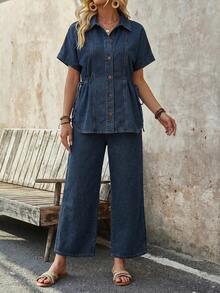 EMERY ROSE EMERY ROSE Women's Vacation Casual Streetwear Drawstring Waist Top And Jeans Pants Set Short Sleeve Shirt + Relaxed Wide Leg Cropped Pants Night Dark Blue - Blue - View 6