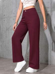 SHEIN ICON 休闲纯色直筒牛仔裤 - 酒紅色 - 查看 3