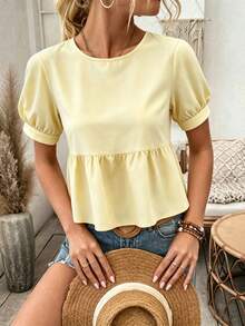 EMERY ROSE Solid High Low Peplum Blouse Peplum Top - Yellow - View 5