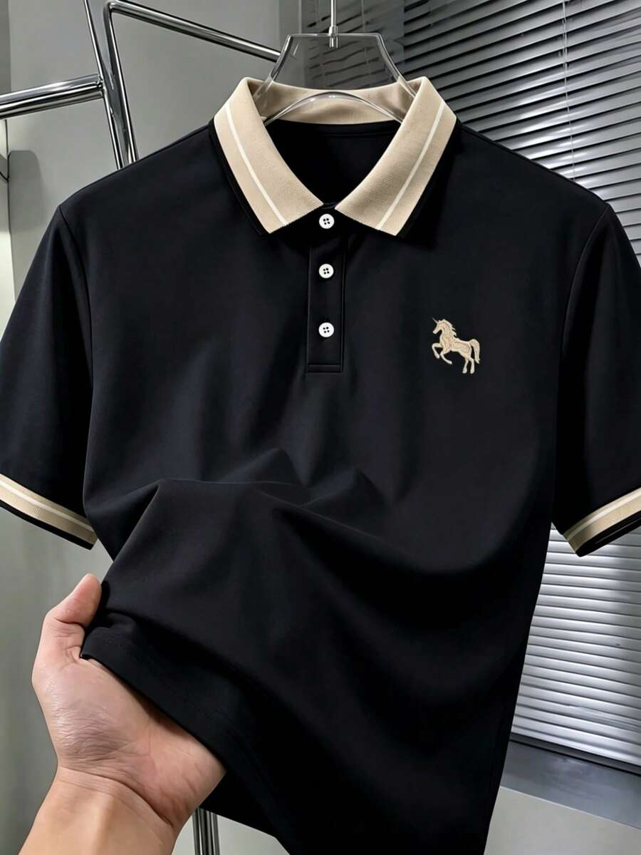 Calvornis 男士緹花領刺繡短袖休閒 Polo 衫,正式款 - 黑色 - 查看 1