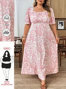 SHEIN CURVE+ Đầm ngắn tay mùa xuân/hè cổ bèo nhún, tay phồng, tay đèn lồng, lưng xếp ly, eo chữ A, chất liệu vải hoa nhí lãng mạn cổ điển, kiểu dáng thanh lịch thường ngày cho kỳ nghỉ của nữ. - Nhiều màu - Xem 8