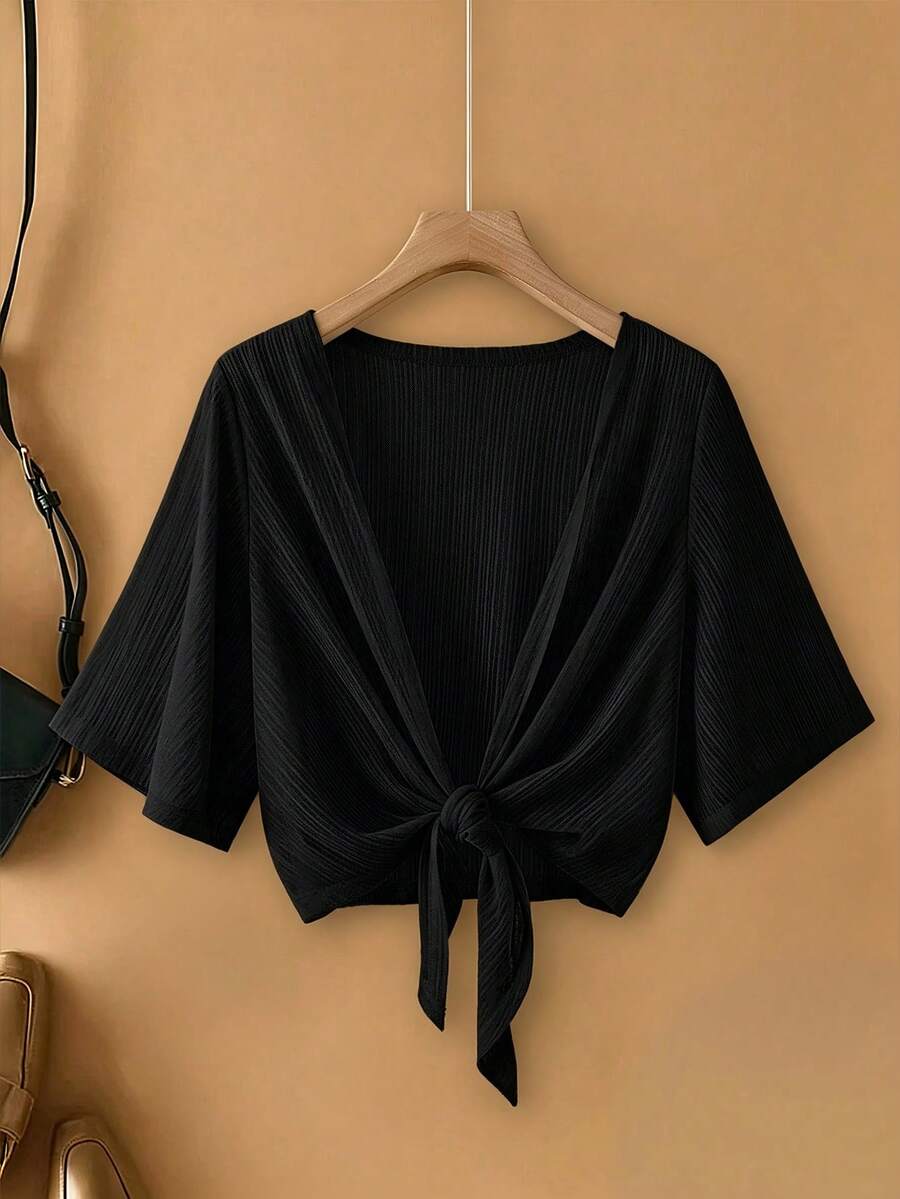 SHEIN CURVE+ 大码女式优雅休闲度假风网眼提花面料系带短袖外套 - 黑色 - 查看 1