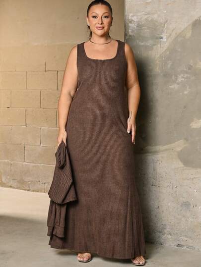 Lele Munniz Plus Size Women Solid Color Drop Shoulder Long Sleeve Top And Sleeveless Dress Elegant 2 Pieces Set, Autumn/Winter