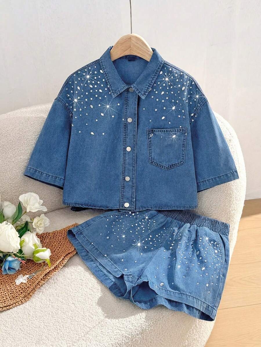 Comfortcana Women's Rhinestone Embellished Top And Denim Shorts Set Back-To-School Travel Blue Summer Casual - Medium Wash - View 1