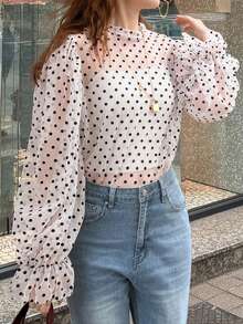FRIFUL 米色波点印花灯笼袖网纱衬衫 - 淺粉色 - 查看 4