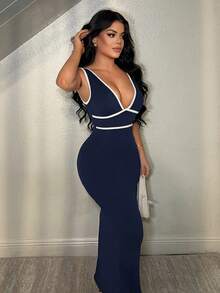 SHEIN SXY Plus Size Navy And White Sleep Dress Deep V Neck Sleeveless Bodycon Maxi Dress Contrast Trim Club Club Night Golf Night Out Summer Sexy Bandage - Navy Blue - View 4