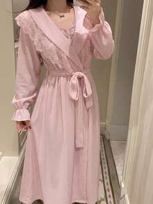 DAZY 女士蕾丝拼接长款睡裙吊带睡衣套装，秋冬款 - 粉色 - 查看 4