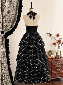 Vintamour Vintage Romantic Classic Elegant Women's Dress, Spring/Summer Fitted Halter Neck Tie Bow Black And White Polka Dot Polka Dot Cake Dress Tea Party - Black - View 3