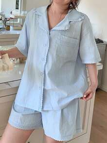 Dazy Plus Plus Size Women Striped Short Sleeve Button-Up Top And Shorts Pajama Set Summer - Baby Blue - View 4