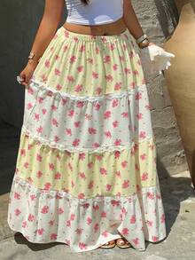 Sunnyshic Vintage Boho Floral Skirt Women's Elastic Waist Contrast Lace Bohemian Color Block Loose Skirt Plus Size Summer Holiday Casual Wear White - Multicolor - View 5