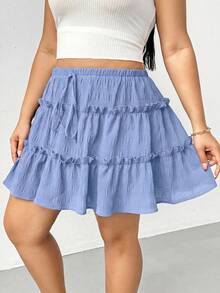 Shapeblank 大码女装春夏时尚休闲运动宽松舒适日常百搭黑色荷叶边中长裙，可搭配短裤，女式下装，夏季长裤，曲线可爱服装，裙子，外出穿搭 - 天藍色 - 查看 4