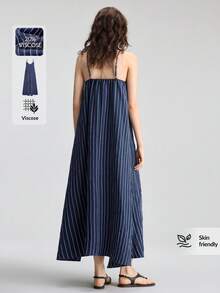 Ontre 2026春夏新款女士长款宽松连衣裙，条纹梭织面料，藏青色和靛蓝色，简约优雅的都市时尚吊带连衣裙，饰有褶裥设计，A字型可调节搭扣，适合外出、度假、节日、浪漫约会、独立日、婚礼、办公室、教师节、返校季等场合，时尚百搭长裙 - 藏蓝色 - 查看 3