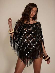 SHEIN BAE Khăn choàng dáng bất đối xứng khoét rỗng, đính sequin tua rua, phong cách bãi biển mùa xuân/hè. - màu đen - Xem 1